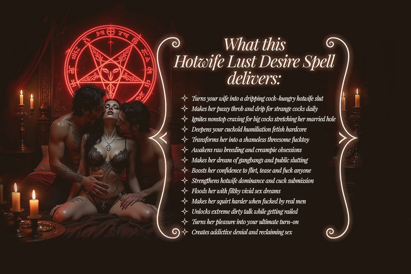 Hotwife spell information graphic outlining consensual adult fantasy themes and customization options.