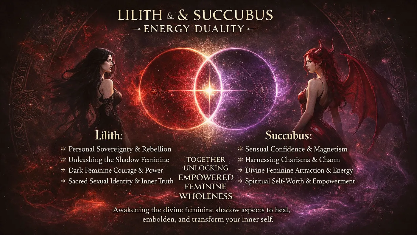 Lilith and succubus energy duality graphic for dark feminine and spirit companion themes.