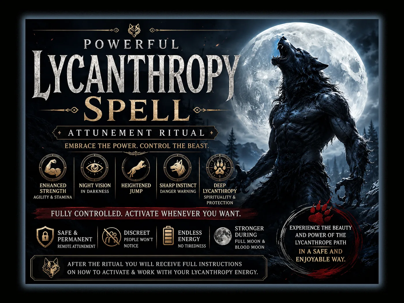 Lycanthropy spell guide graphic describing werewolf attunement and symbolic transformation themes.