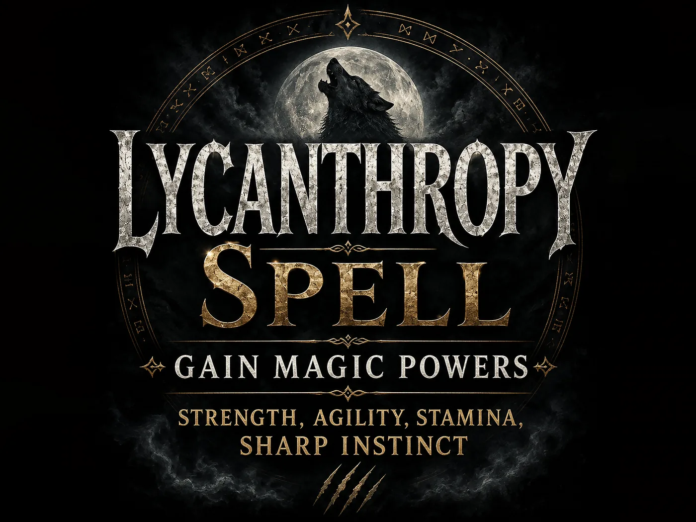 Lycanthropy Spell artwork with a werewolf and moon representing symbolic werewolf attunement and transformation.