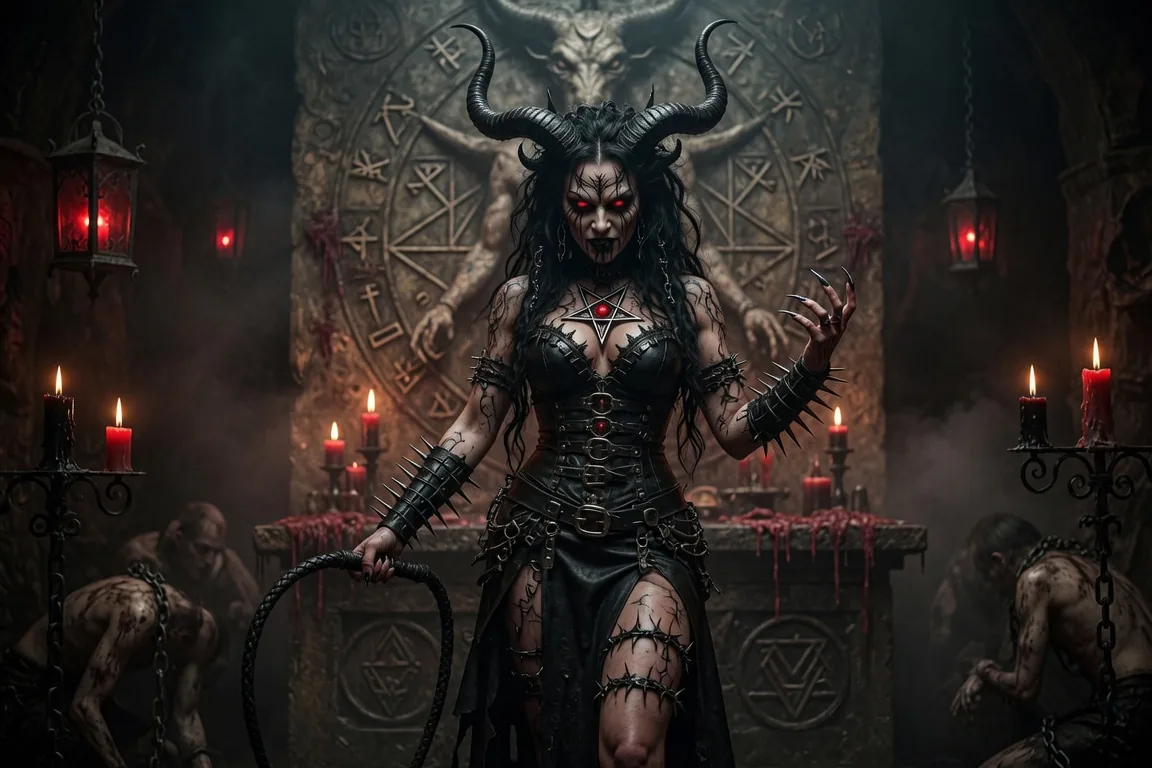 Dark female dominatrix entity in a ritual chamber representing Satanic dominatrix and black magic femdom themes.
