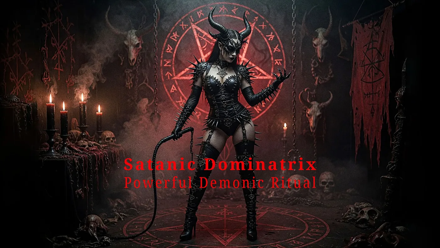 Satanic Dominatrix ritual artwork with a dark occult chamber and demonic symbolism.