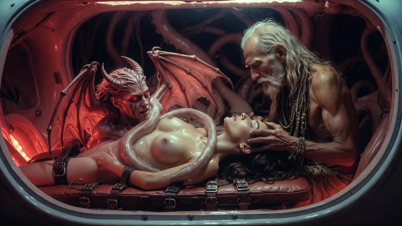 Dark occult scene illustrating a succubus possession fantasy ritual and demonic spirit connection.