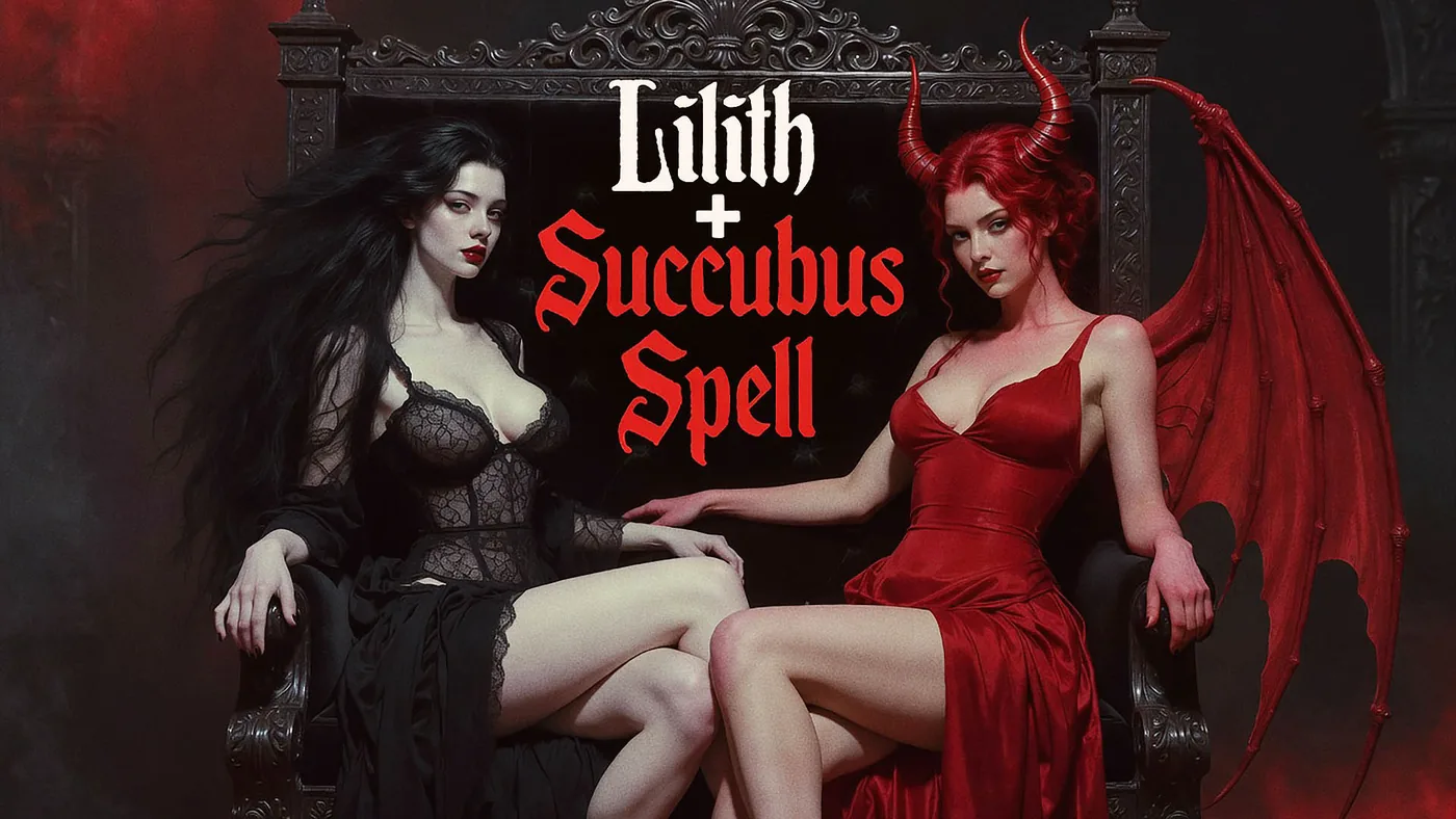 Lilith and succubus spell graphic representing dark feminine lust magic and adult spirit companionship.