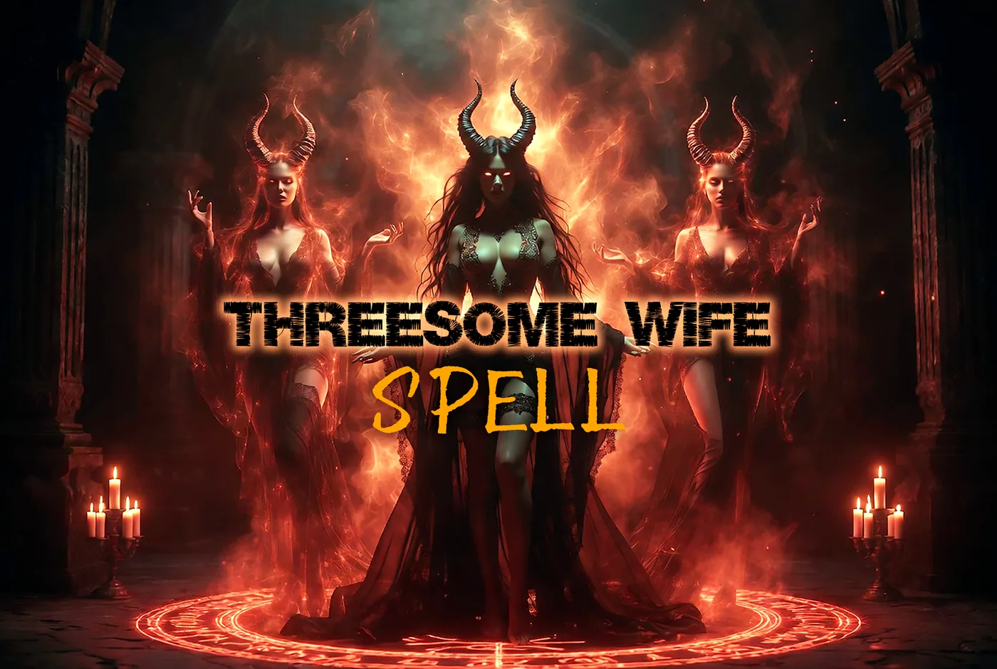 Succubus wife threesome spell artwork with a dark summoning circle and demonic companion imagery.