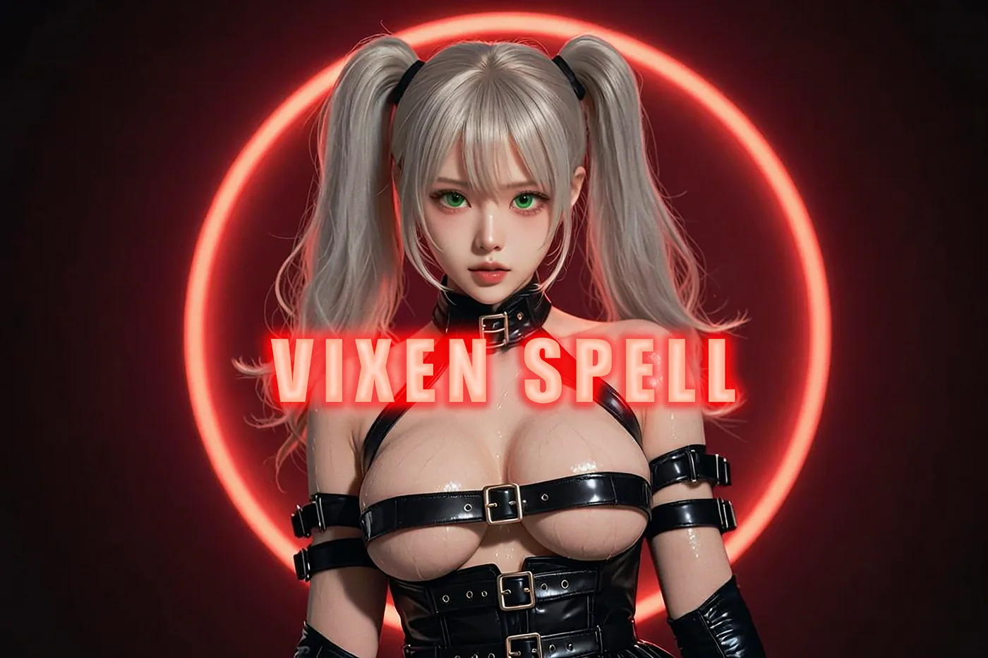 Vixen Spell artwork with an adult woman in black styling and red neon light representing seductive transformation fantasy.